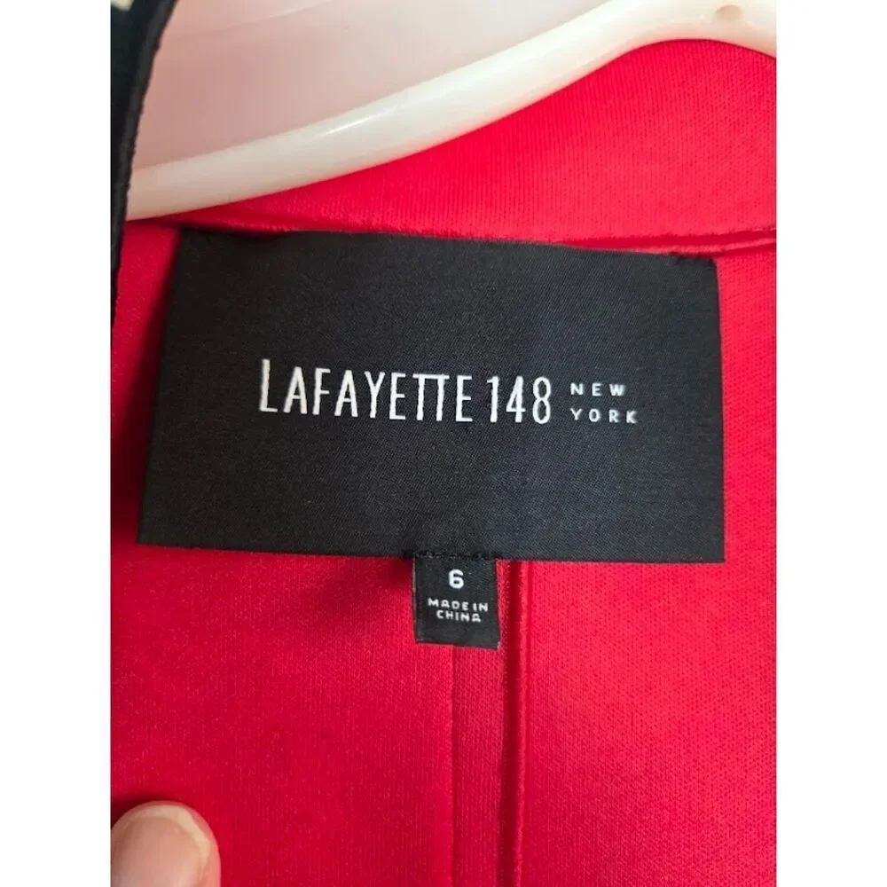 Lafayette 148 Black Leopard Print w/Red Lining Band Collar Blazer Jacket size 6